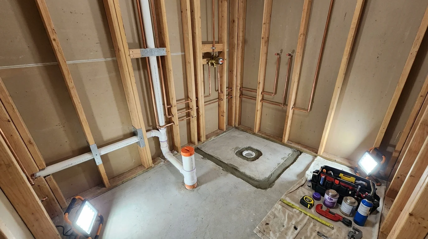 Bathroom rough-in plumbing during remodel by Johns Plumbing LLC in Clackamas