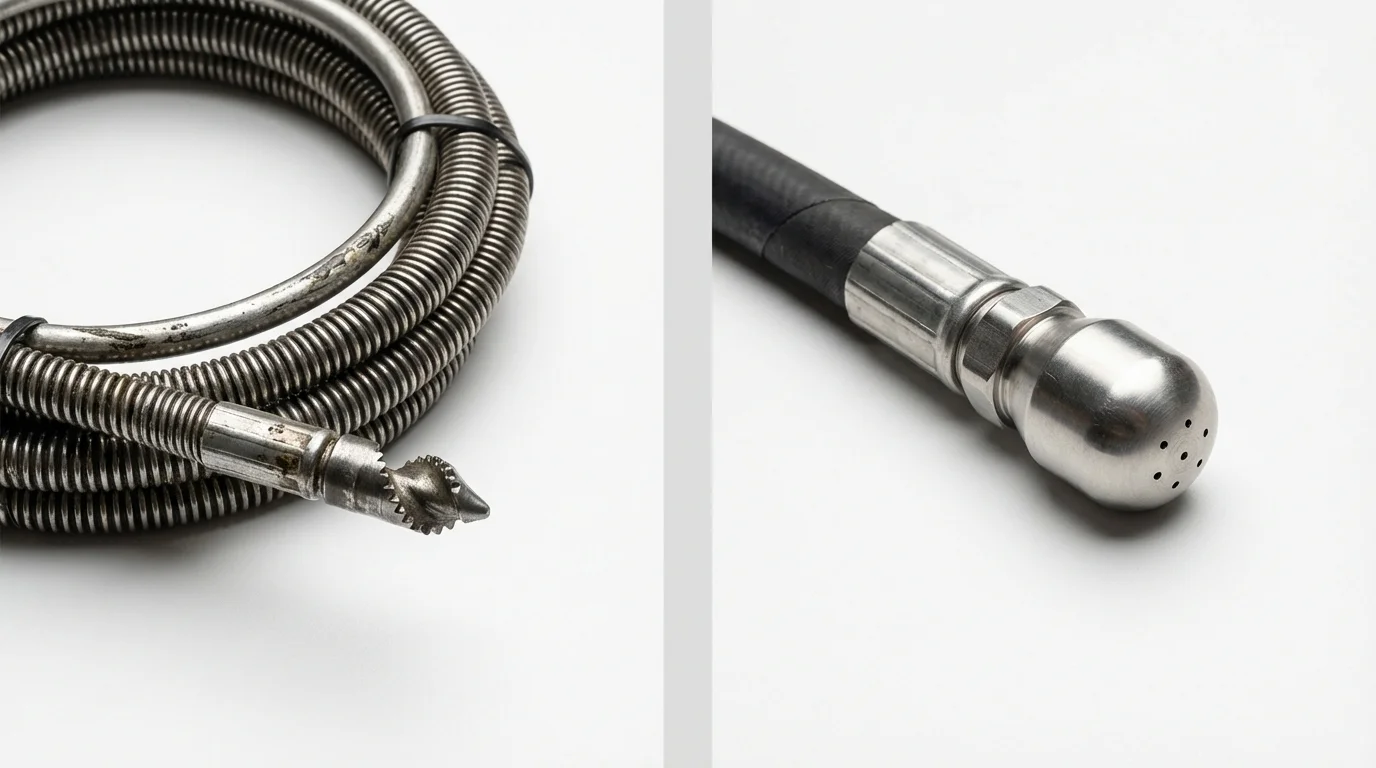 Drain snake cable and hydro jetting nozzle used for drain cleaning in Clackamas, OR