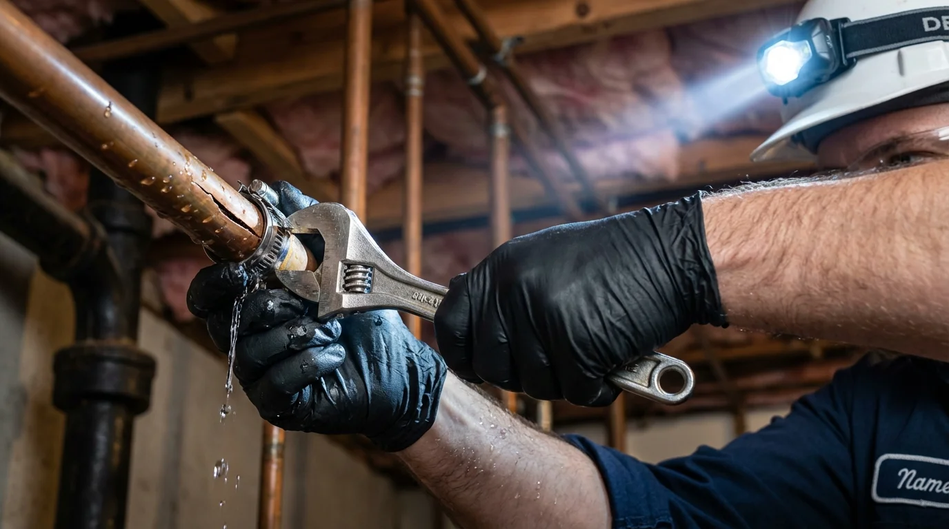 Emergency pipe clamp repair being performed by a Johns Plumbing LLC plumber in Clackamas